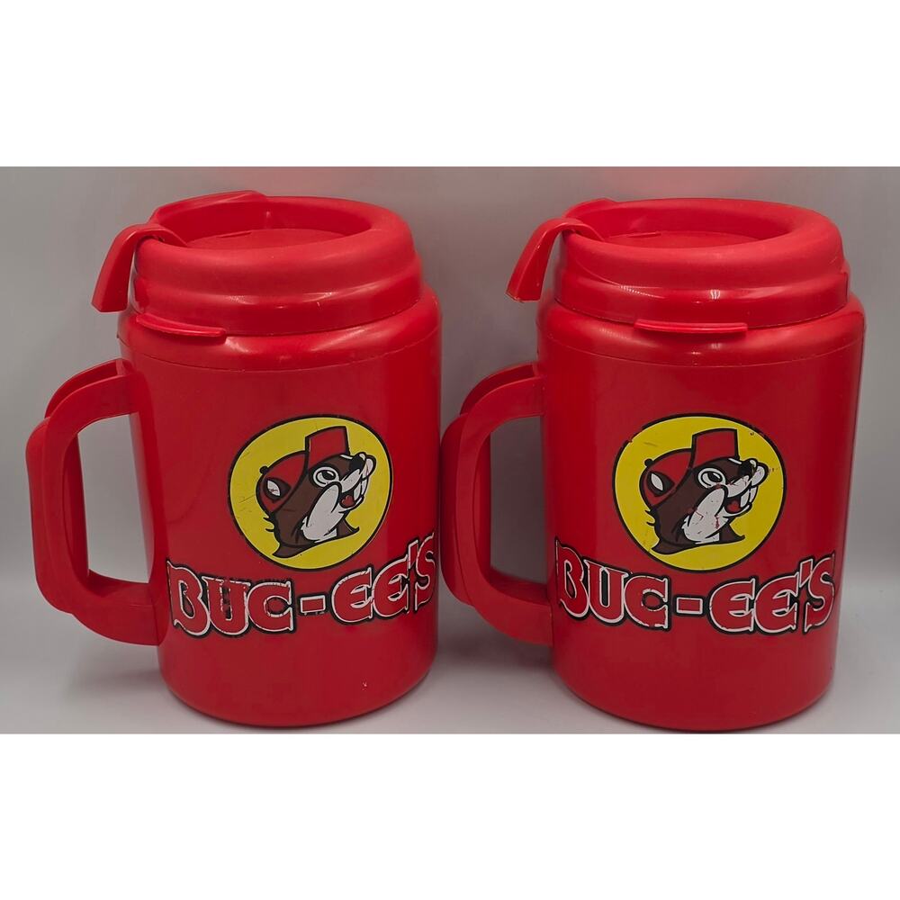 Buc-ee's Thermo-Serv Insulated Wide Travel Mug Red 52 oz Tumbler Cup Lid- Set 2